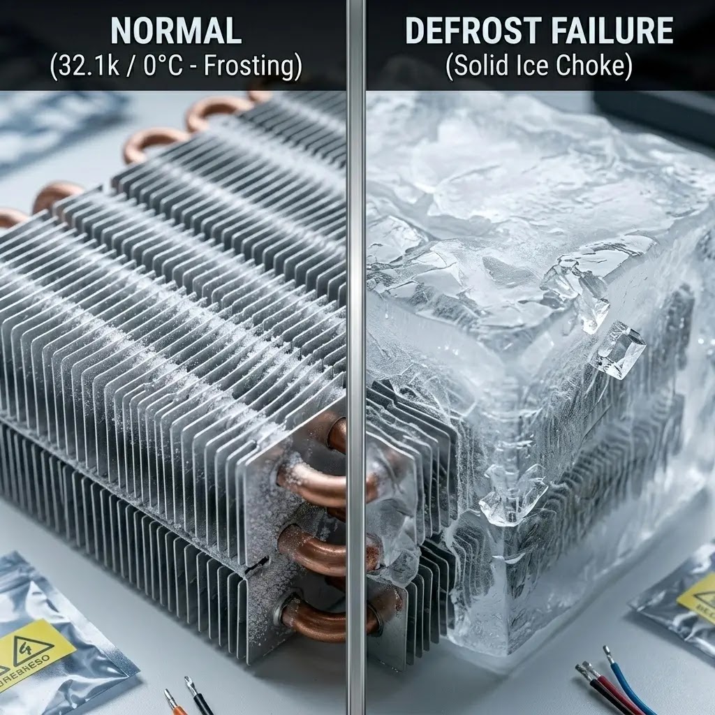 Side-by-side comparison of normal evaporator coils (uniform frost) vs. a defrost system failure (solid ice block).
