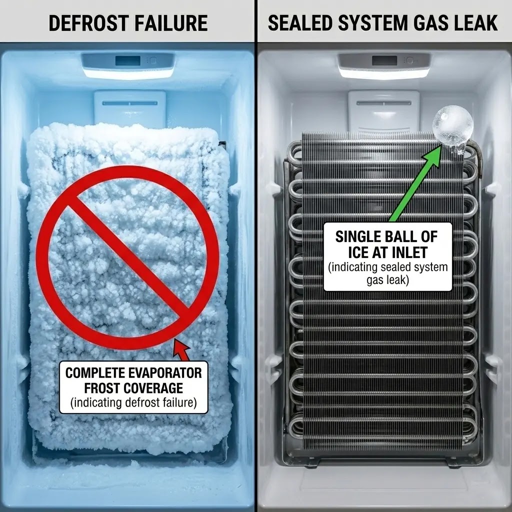 Comparison of a full frost pattern (airflow issue) vs. a partial frost pattern (gas leak).