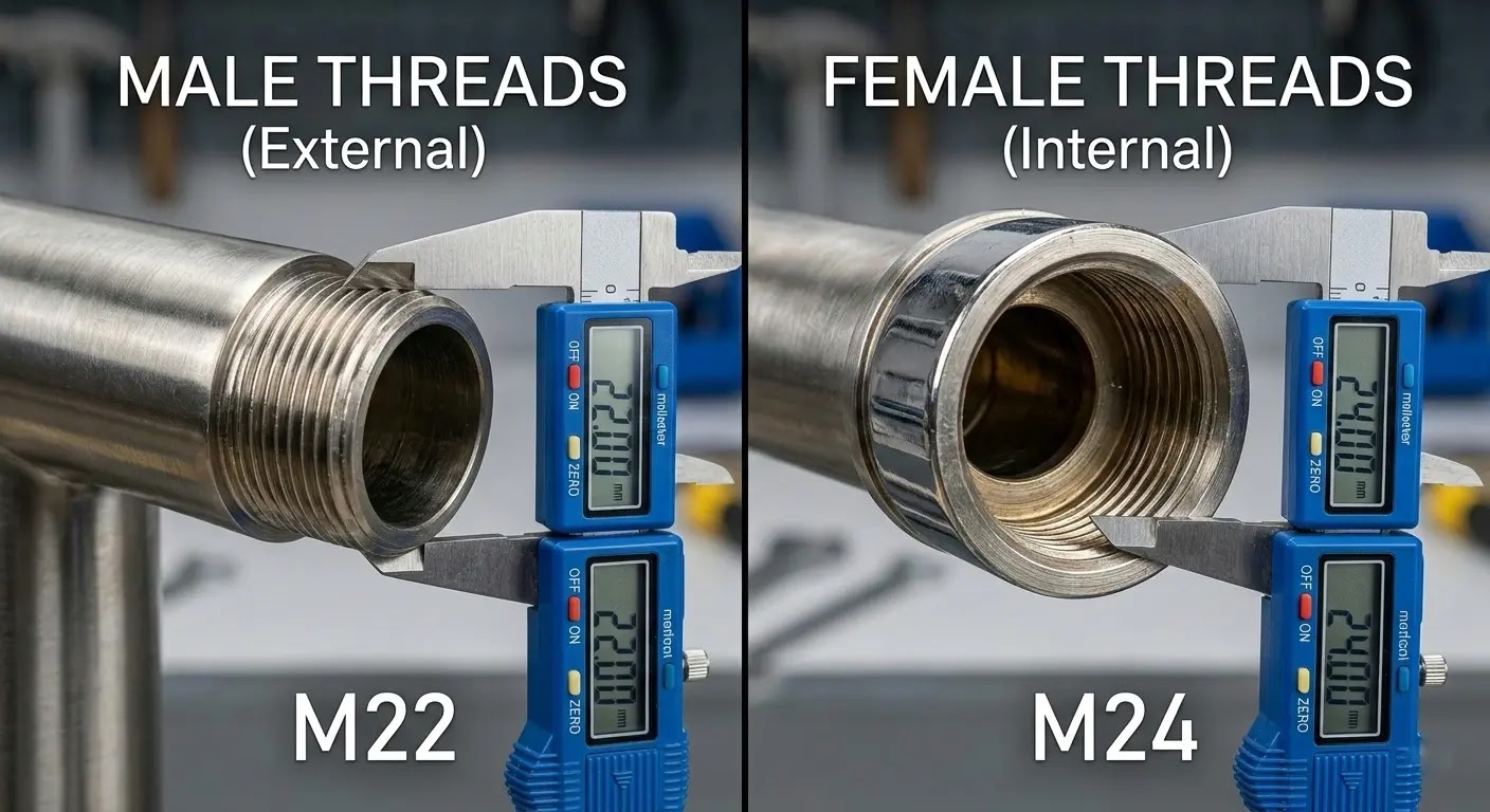 Close-up comparison of M22 male and M24 female sink faucet threads