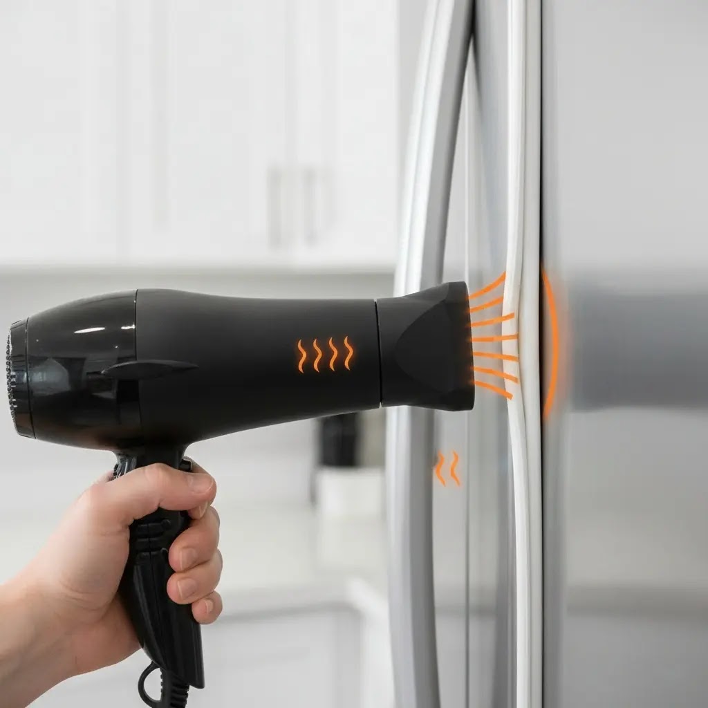 Using a hairdryer to restore the magnetic seal on a GE refrigerator door gasket.