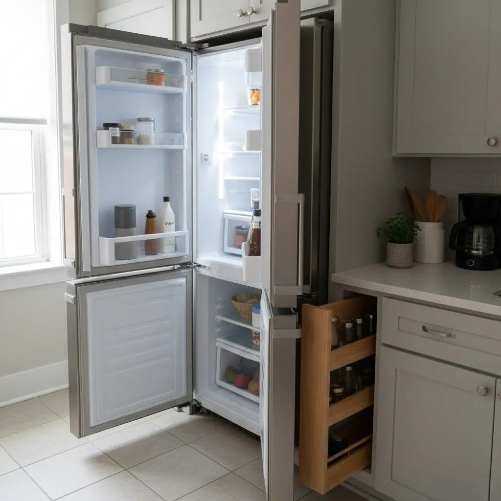 French-door counter-depth refrigerator in a small apartment kitchen with limited clearance