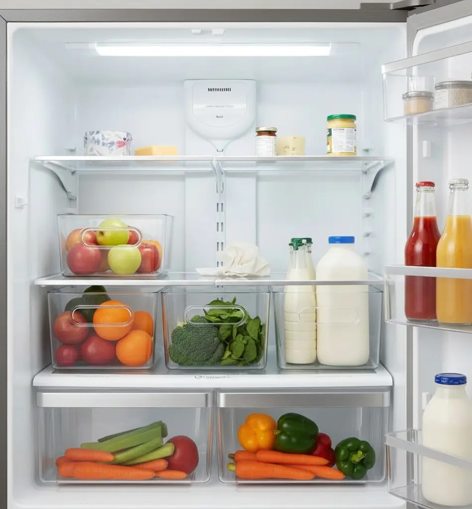 Organized counter-depth refrigerator with stackable bins and drawer dividers
