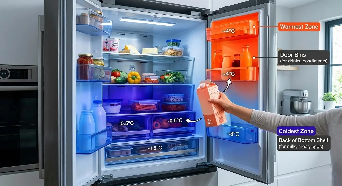 Refrigerator temperature zones showing milk on bottom back shelf