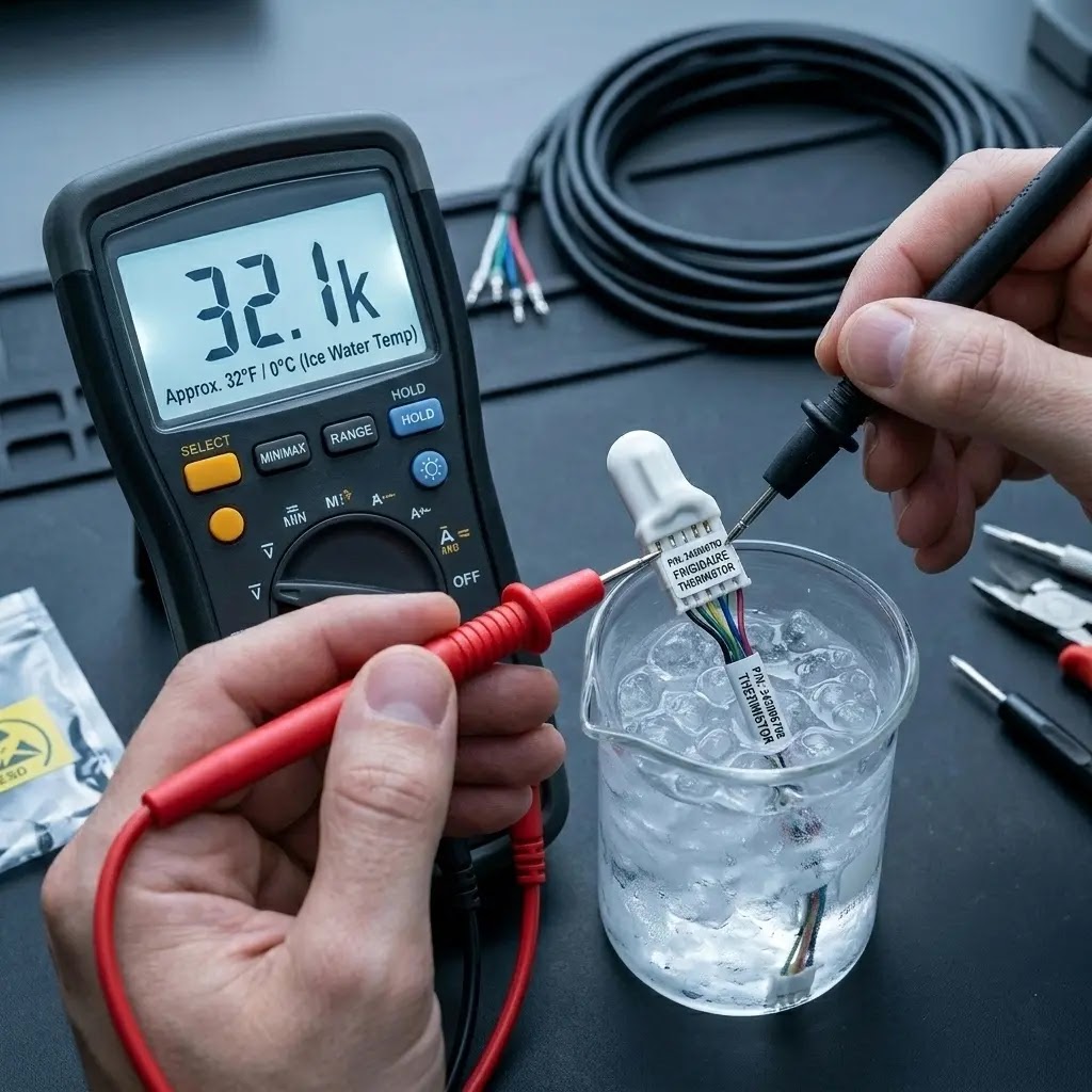 A digital multimeter probes testing a 10k ohm Frigidaire refrigerator thermistor showing a clear 32k reading for freezing.