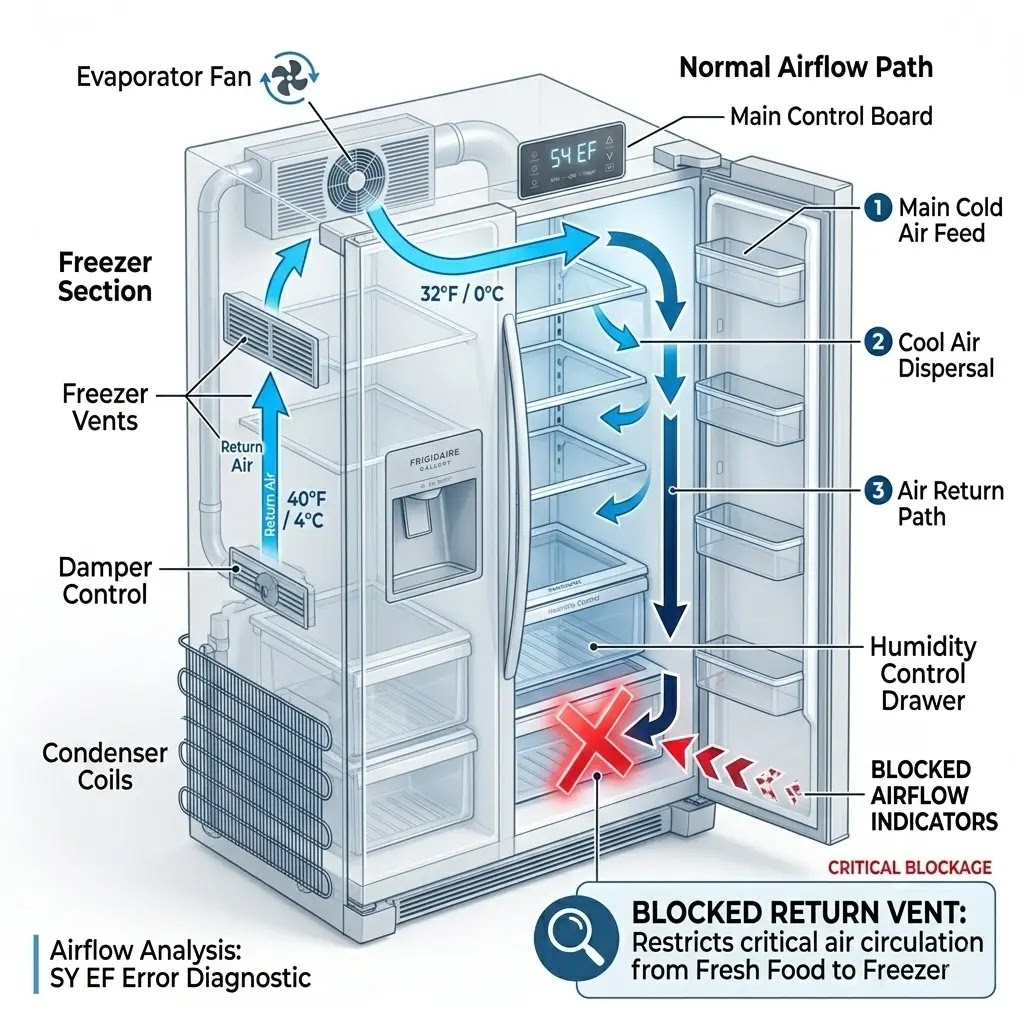 A 3D diagram showing correct airflow with blue arrows and blocked return vents with a red X.