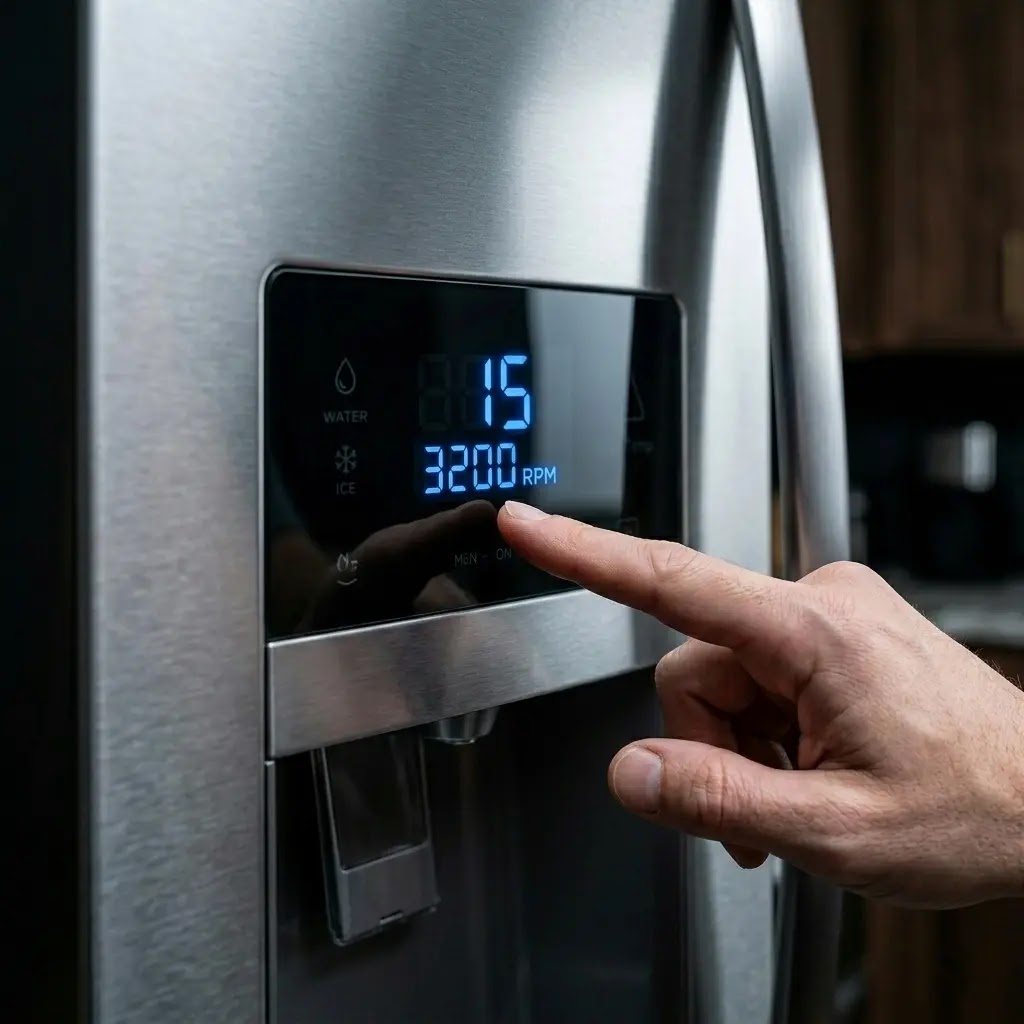 Close-up of a finger pressing buttons on a fridge display showing Test 15 with 3200 RPM