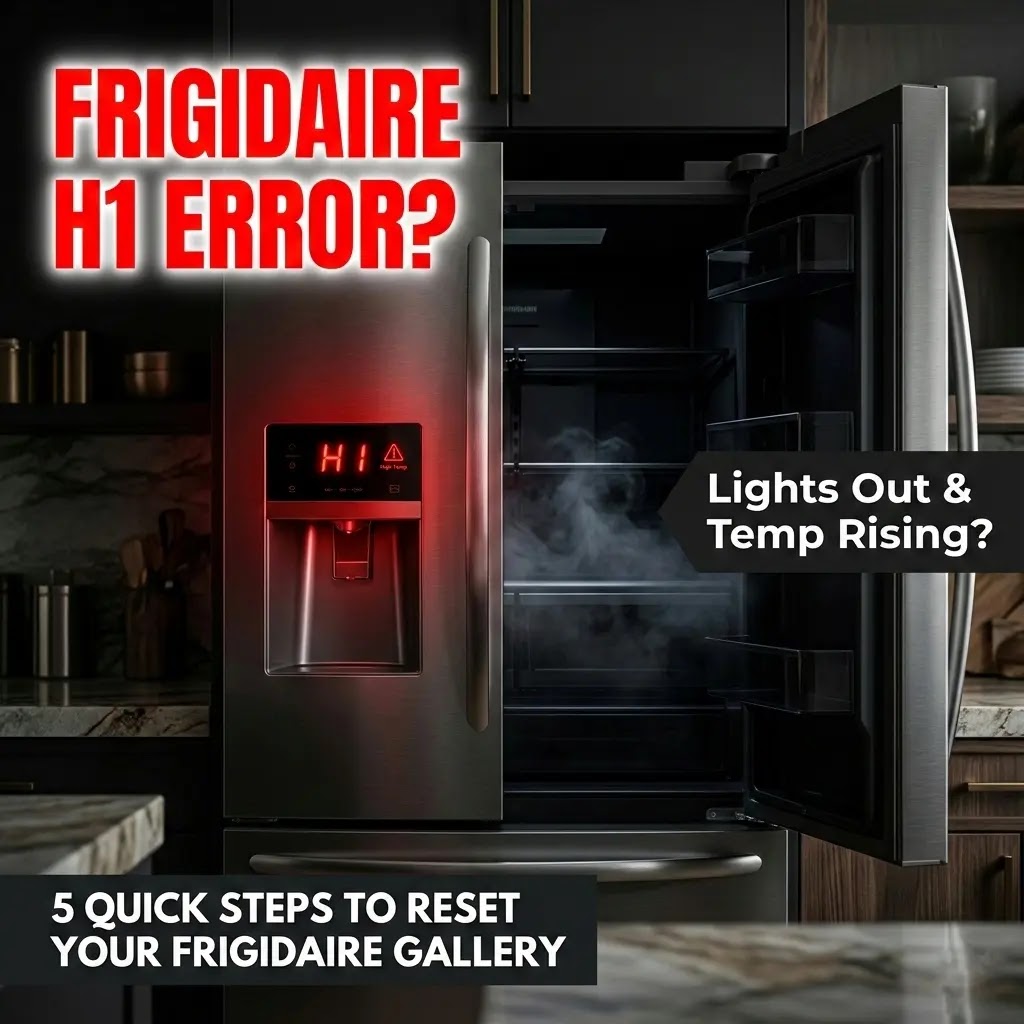 A French-Door Frigidaire Gallery Refrigerator with cinematic lighting showing a warm, non-cooling interior.