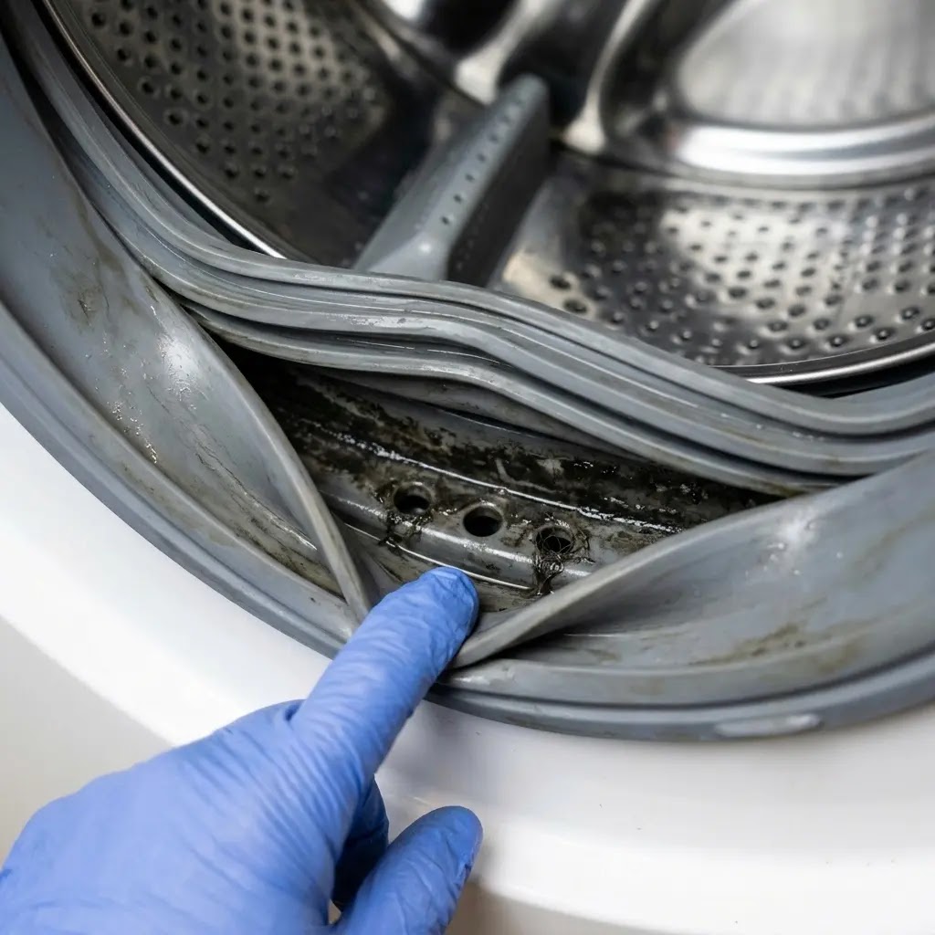 A close-up view showing a hand revealing the small drainage holes inside the front-load washer's door seal gasket.