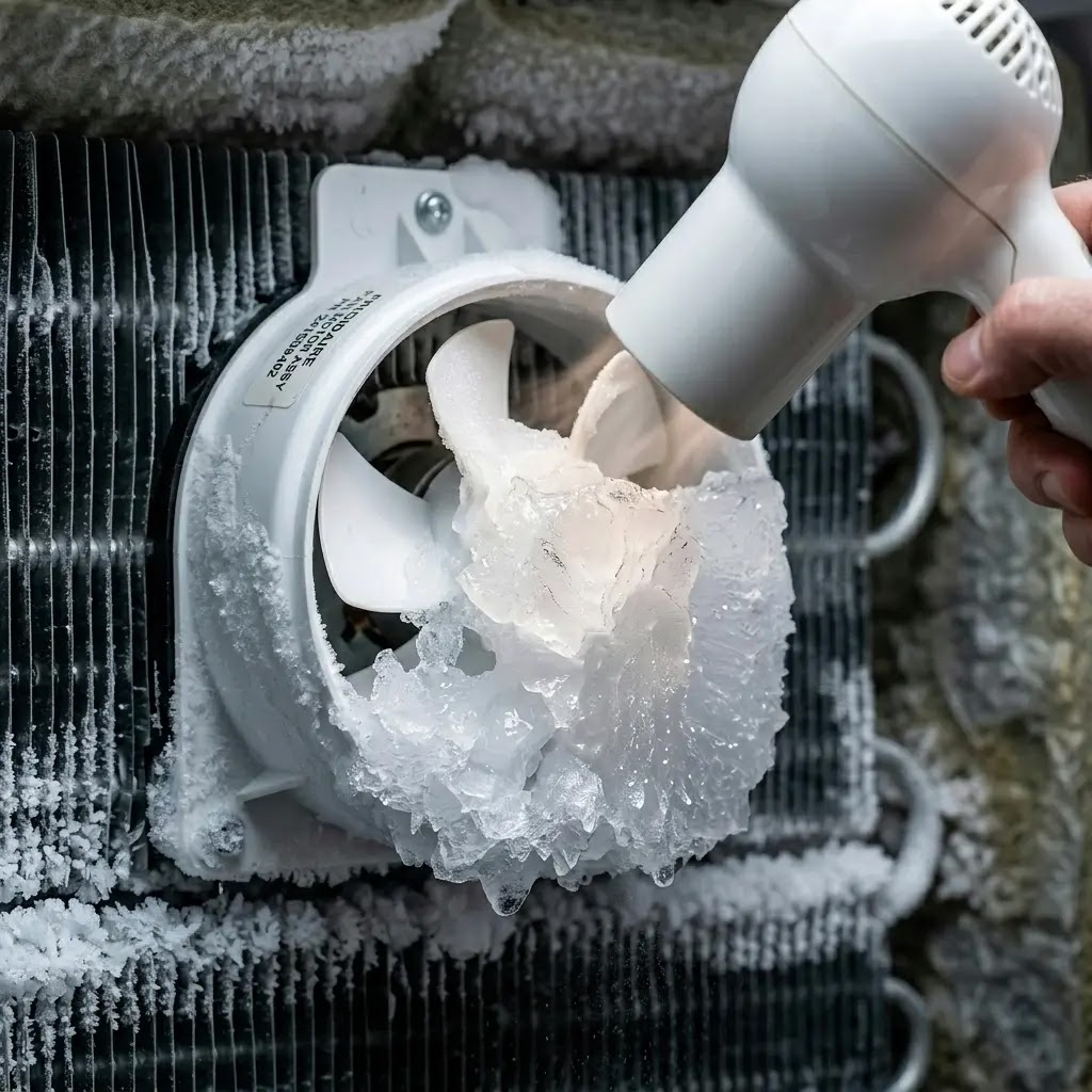 Macro shot of a refrigerator evaporator fan blade stuck in thick white ice, with a hairdryer blowing warm air.
