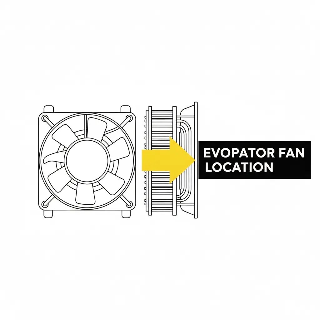 DIY guide showing the location of the evaporator fan behind the GE freezer panel.