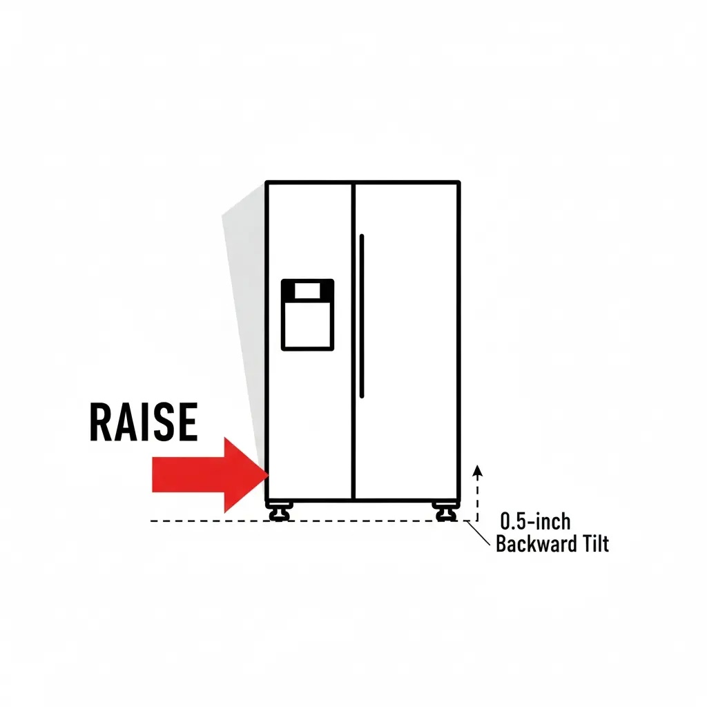 Diagram showing the 0.5-inch backward tilt needed for a GE fridge door to self-close.