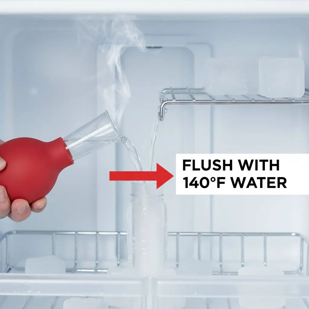 Using a turkey baster to melt ice in a GE refrigerator ice maker fill tube.