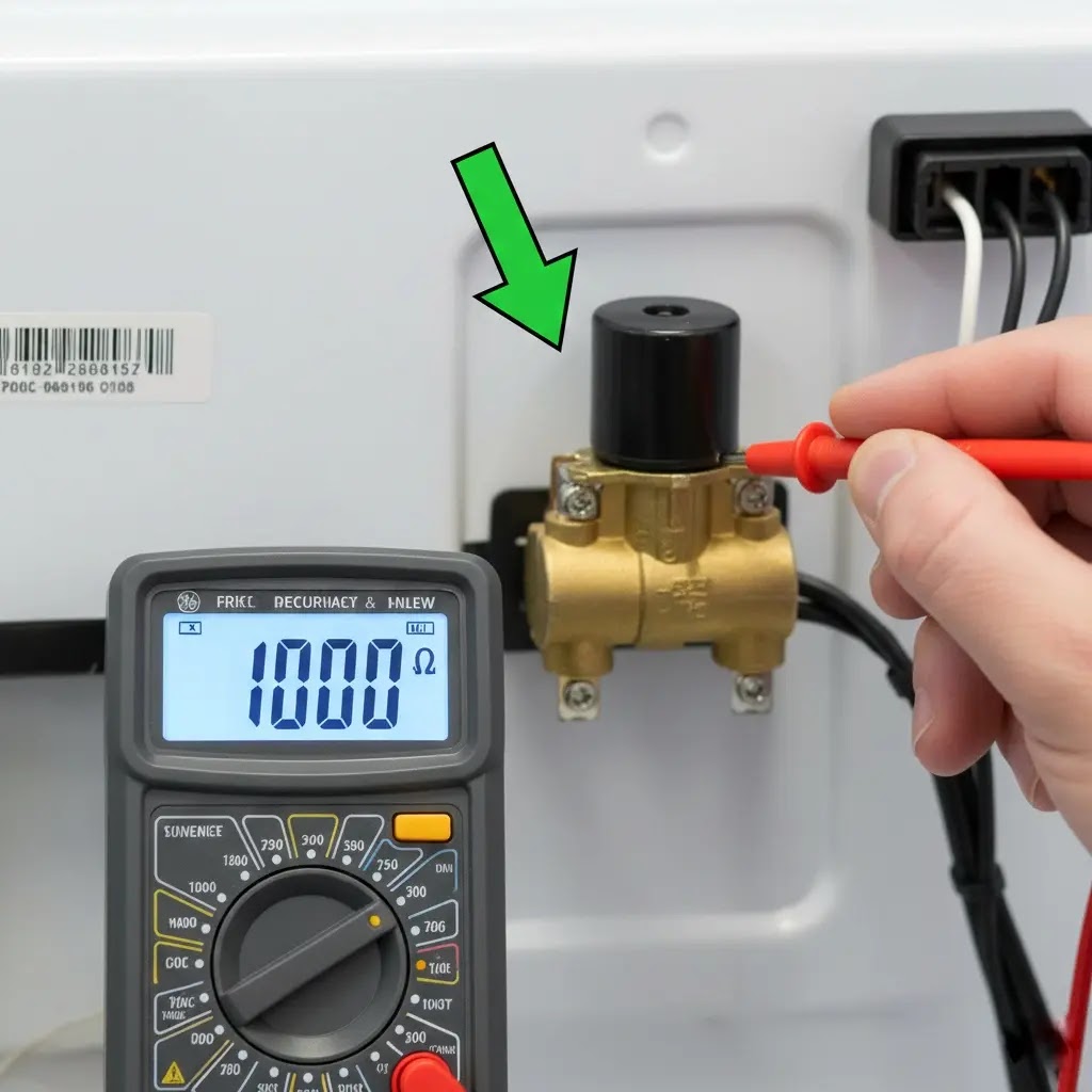 Testing the resistance of a GE refrigerator water inlet valve solenoid with a multimeter.