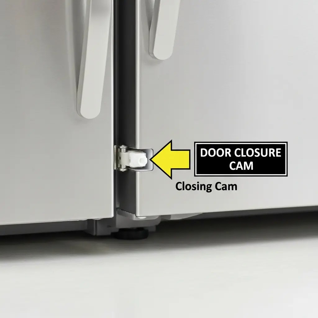 Location of the plastic door closure cam on a GE refrigerator bottom hinge.