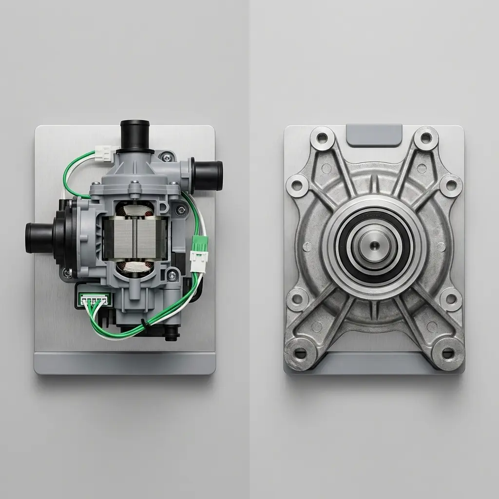 A side-by-side industrial comparison of a modular GE water pump assembly versus a heavy-duty Maytag tub bearing.