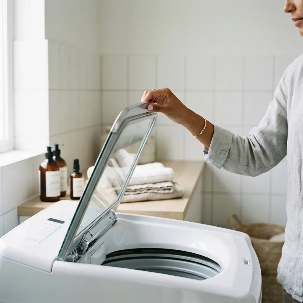 A close-up photograph of a person lifting the lid of a top-loading washer to perform a manual logic board reset.