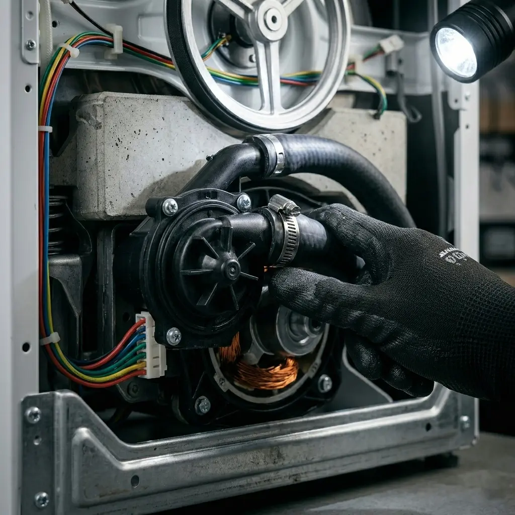 An appliance technician inspecting a washing machine drain pump assembly for clogs and debris.