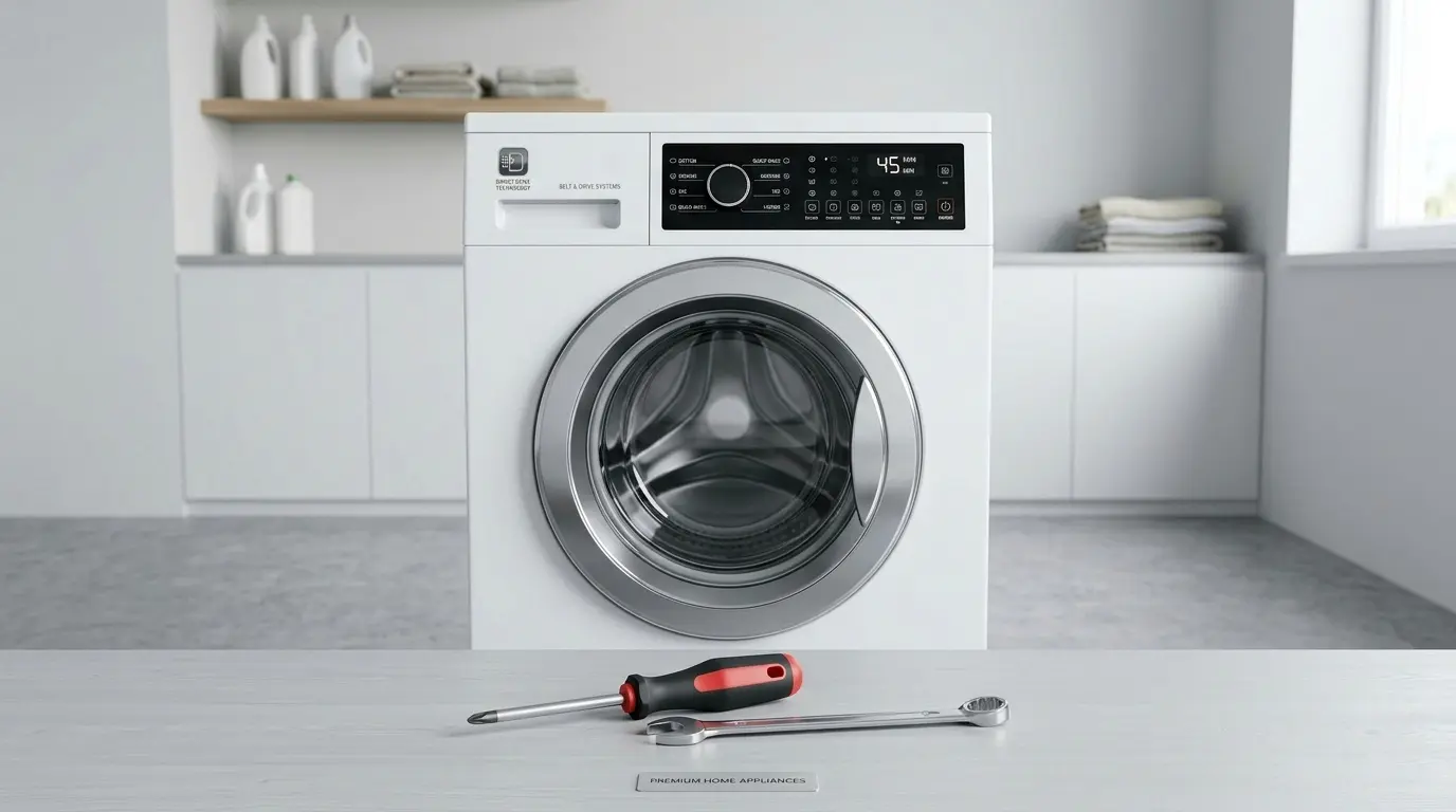 A professional diagnostic setup with a modern washing machine and repair tools for troubleshooting GE washer problems.