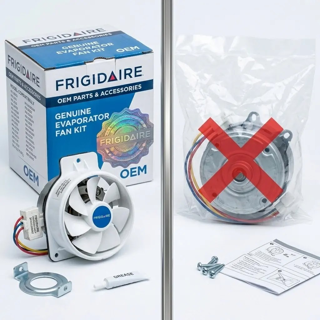 Comparison view: A genuine boxed Frigidaire part with a seal vs a generic unbranded fan in a plain bag.