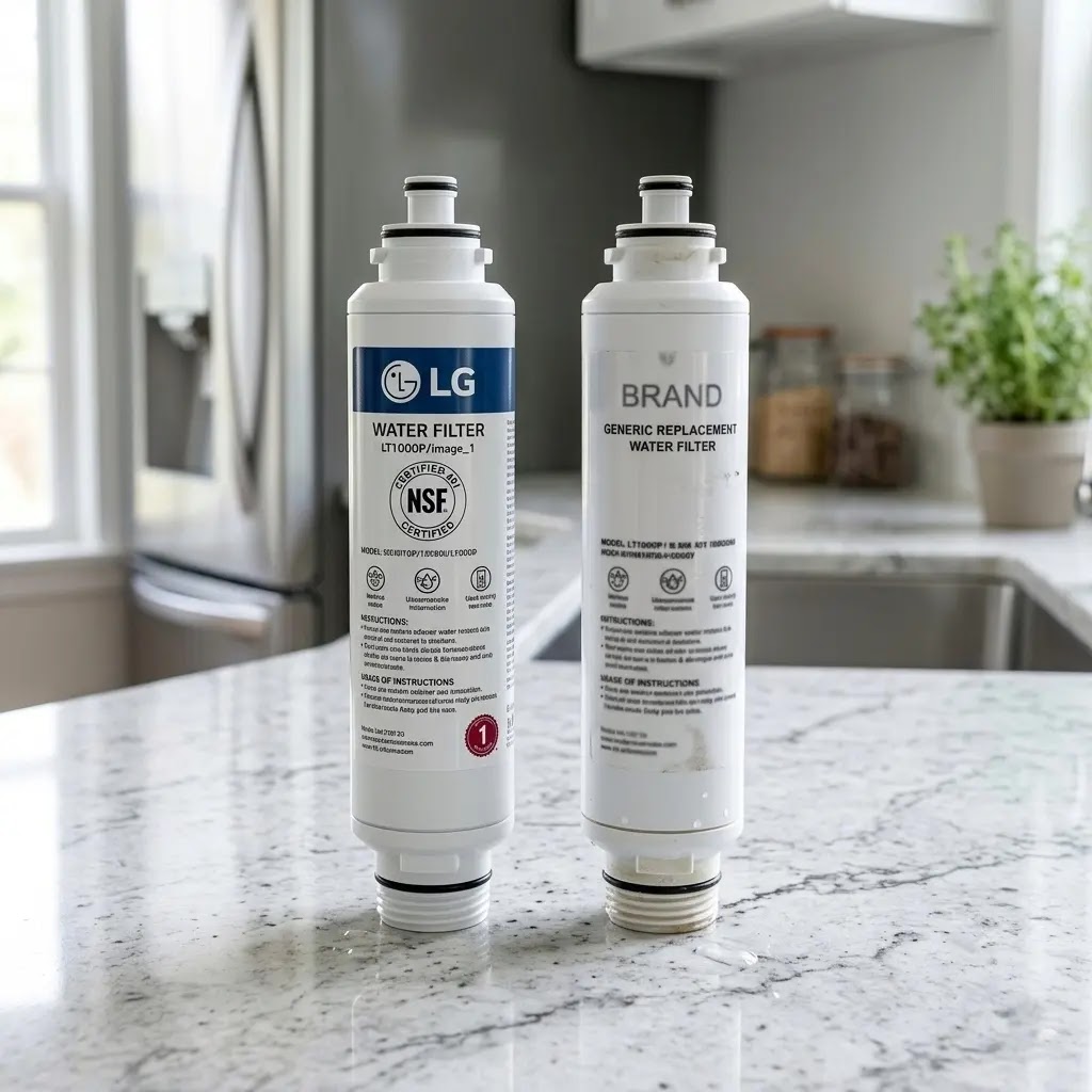 Comparison between a genuine NSF 401 certified LG filter and a generic uncertified version.