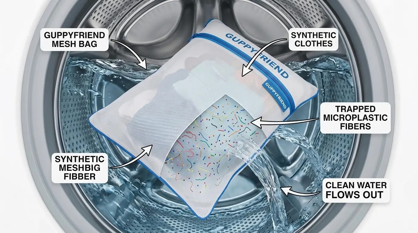 A Guppyfriend washing bag trapping synthetic microplastic fibers during a wash