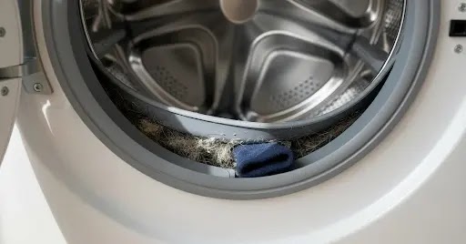 Soap scum and scrud buildup inside high-efficiency washing machine.