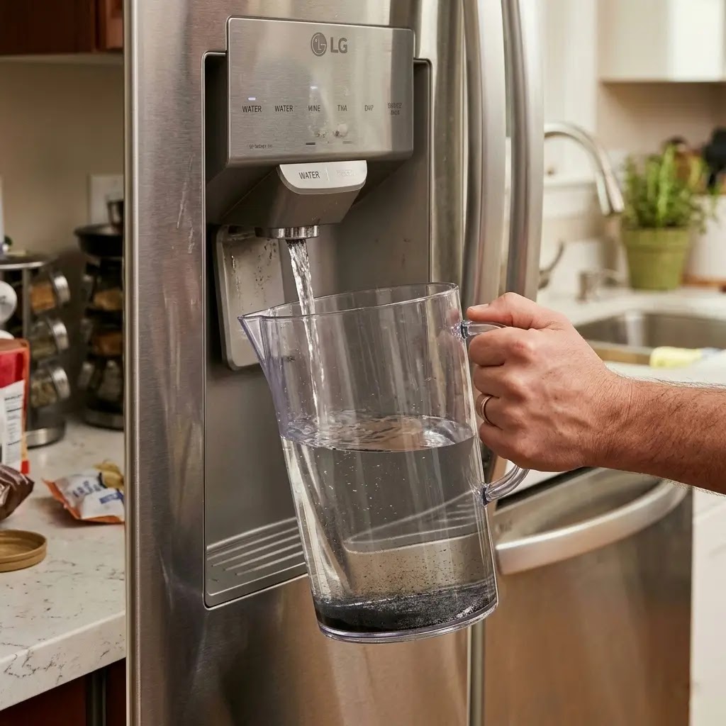 Flushing a new LG water filter into a pitcher to remove air pockets and carbon dust.