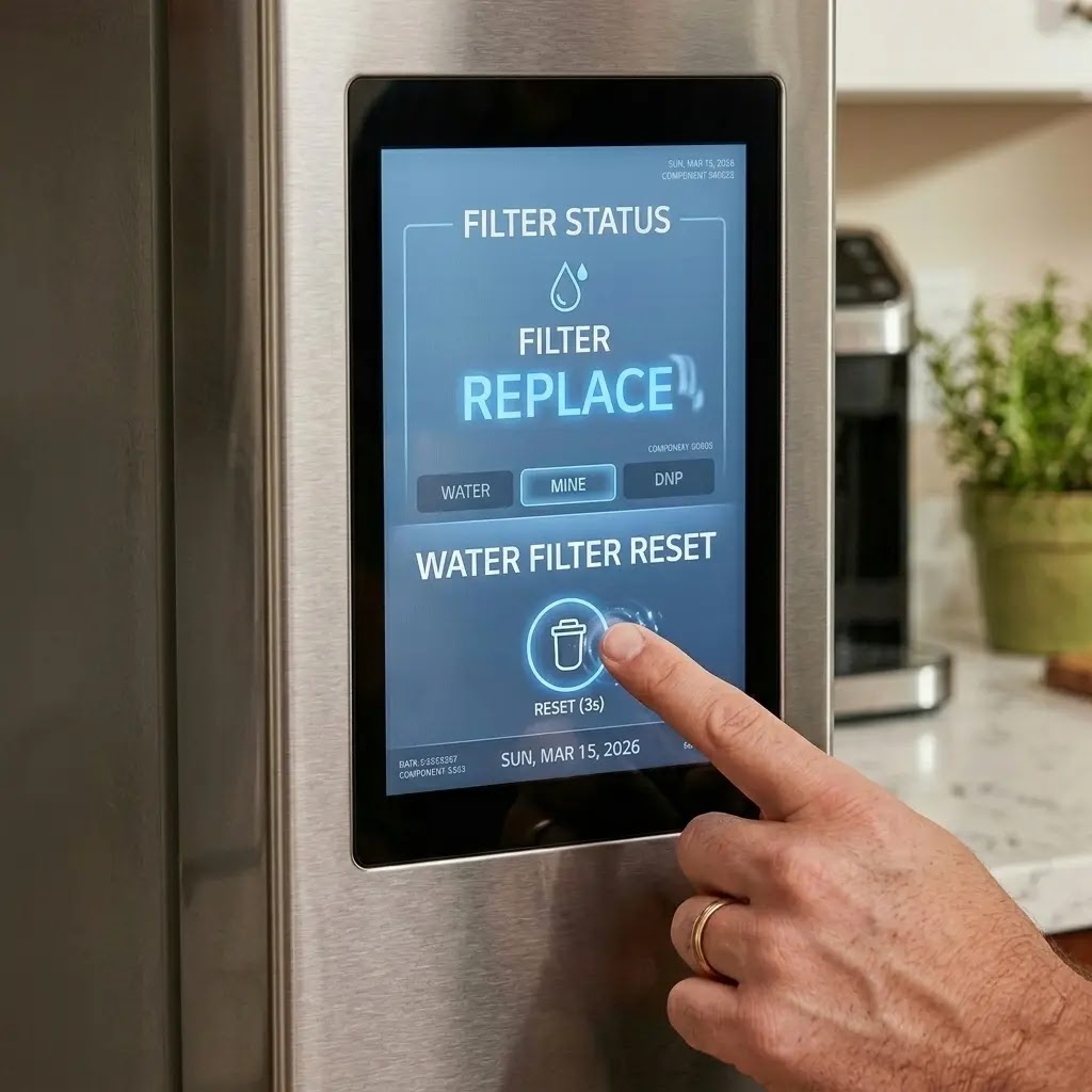 Resetting the water filter change indicator light on an LG refrigerator touch panel.