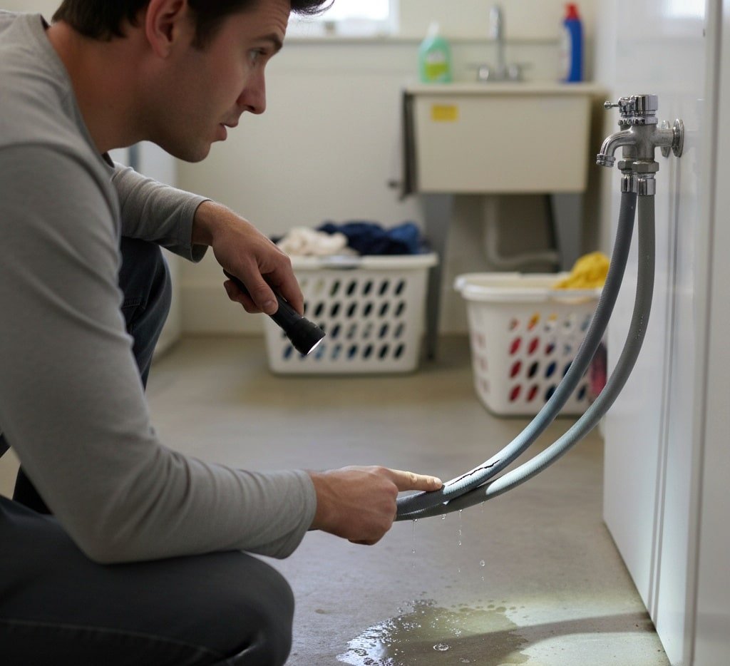 Inspecting LG washing machine hoses for cracks or leaks