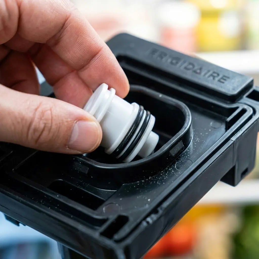 A hand inserting a white plastic bypass plug into a Frigidaire refrigerator filter housing.
