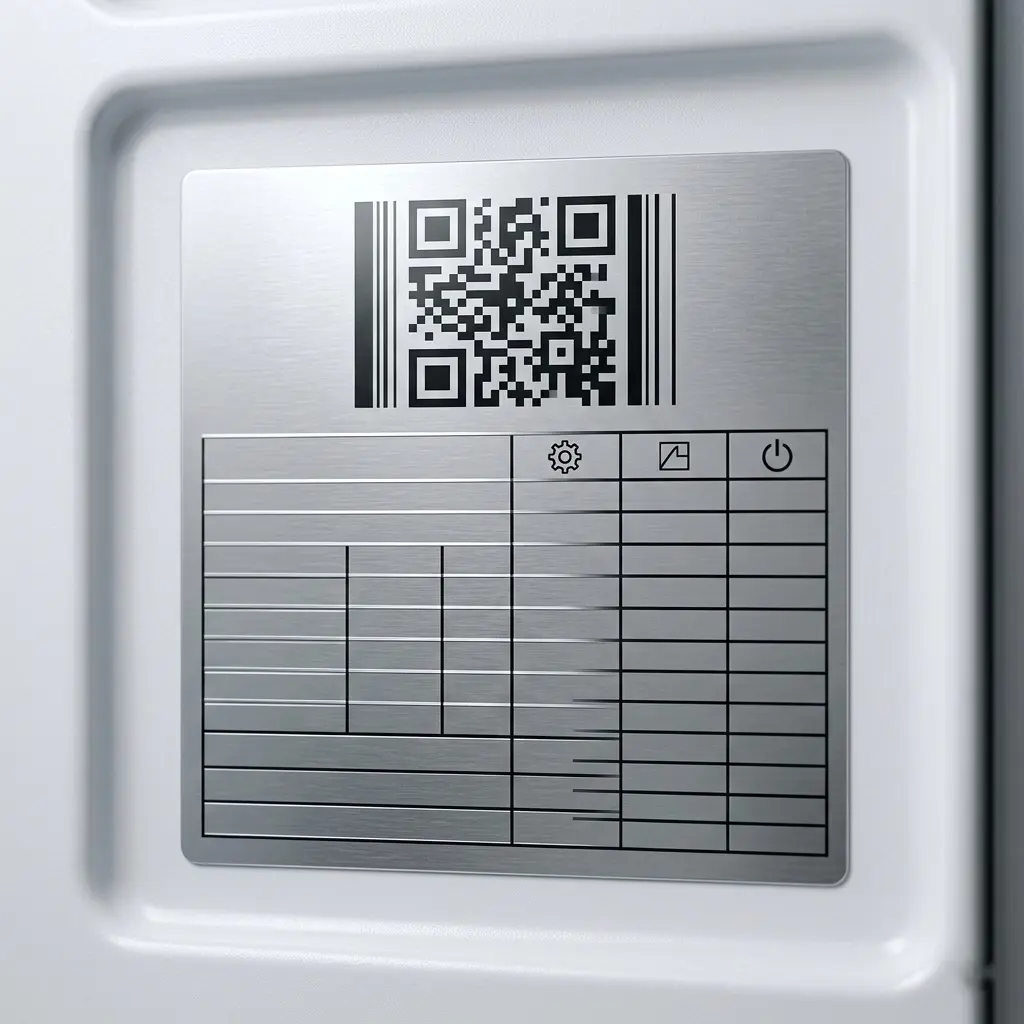 A close-up photograph of a clean, textless barcode spec label inside a refrigerator door liner.