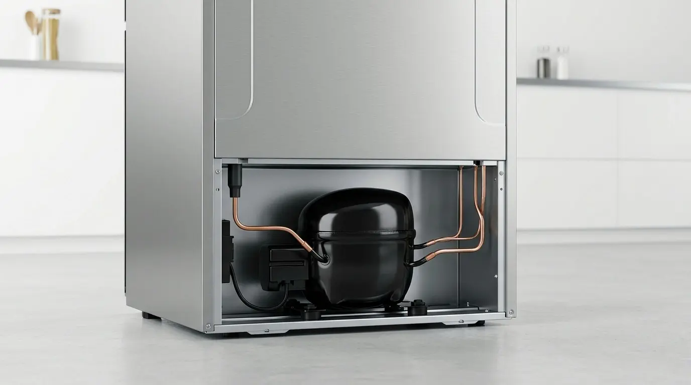 A professional technician using diagnostic tools behind a modern stainless steel refrigerator to check reliability issues.