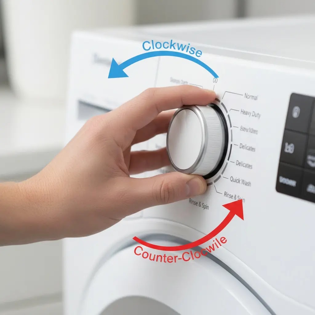 Close-up of Kenmore washer knob showing the reset sequence turns.