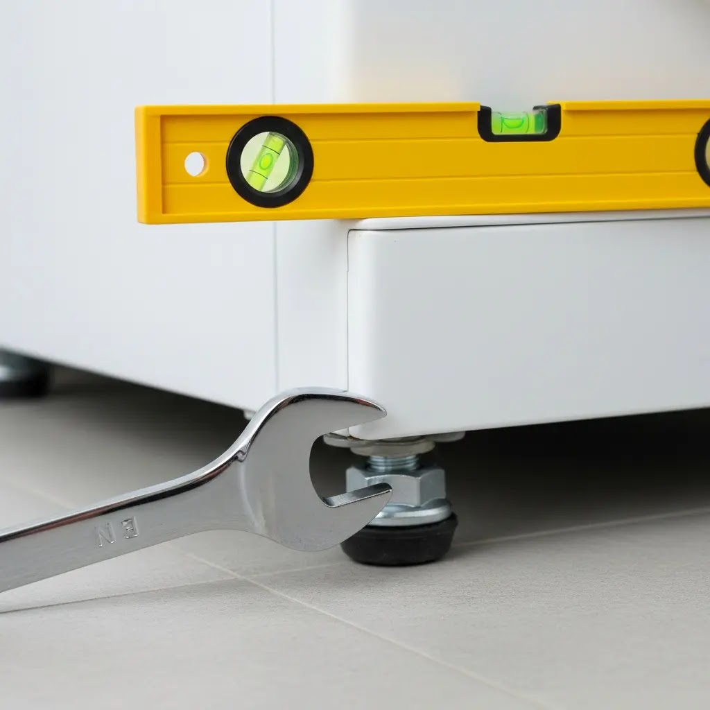 Close-up of a hand using a wrench to adjust the leveling feet of a Samsung washer.