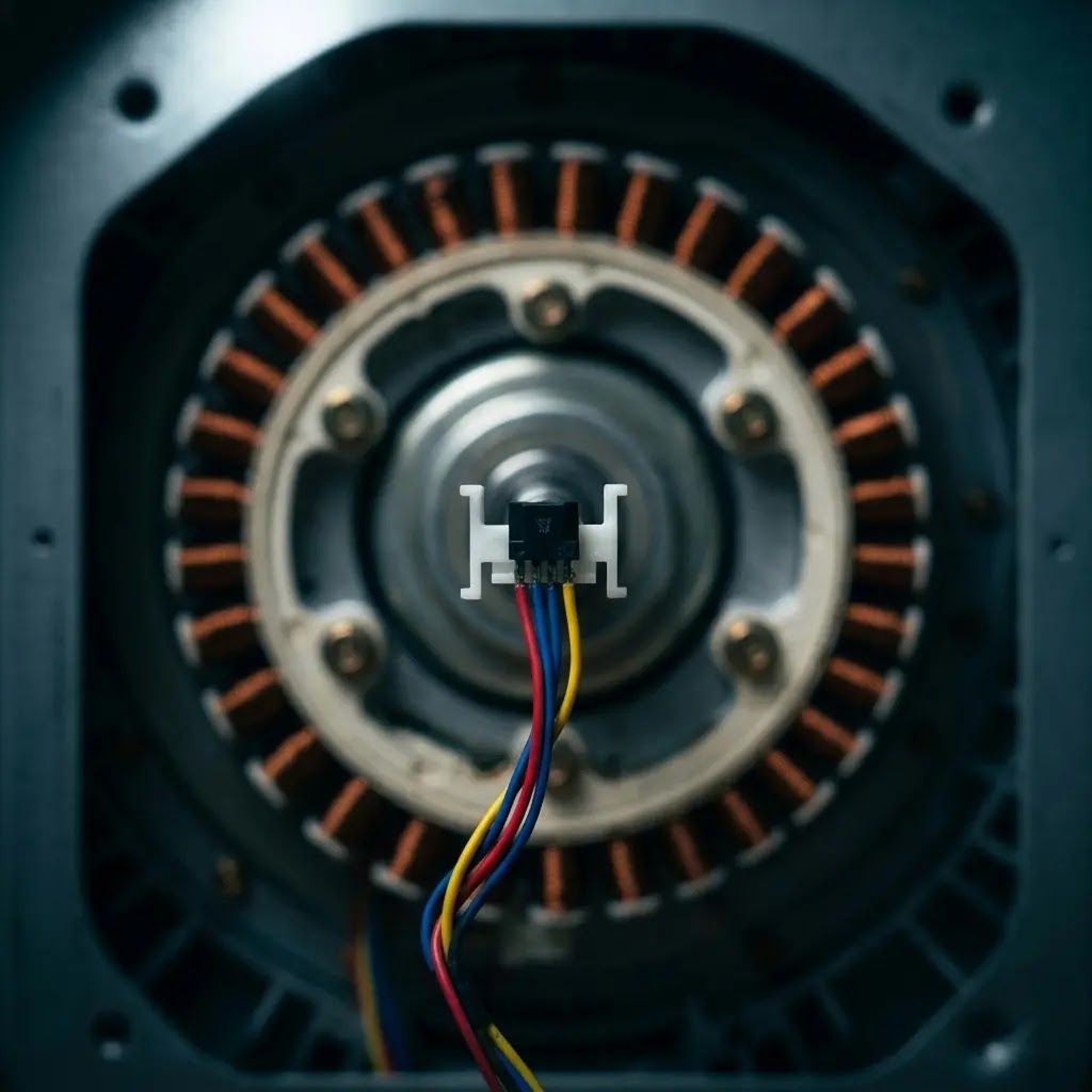 Close-up technical view of a Hall Effect Sensor inside an LG direct drive motor.