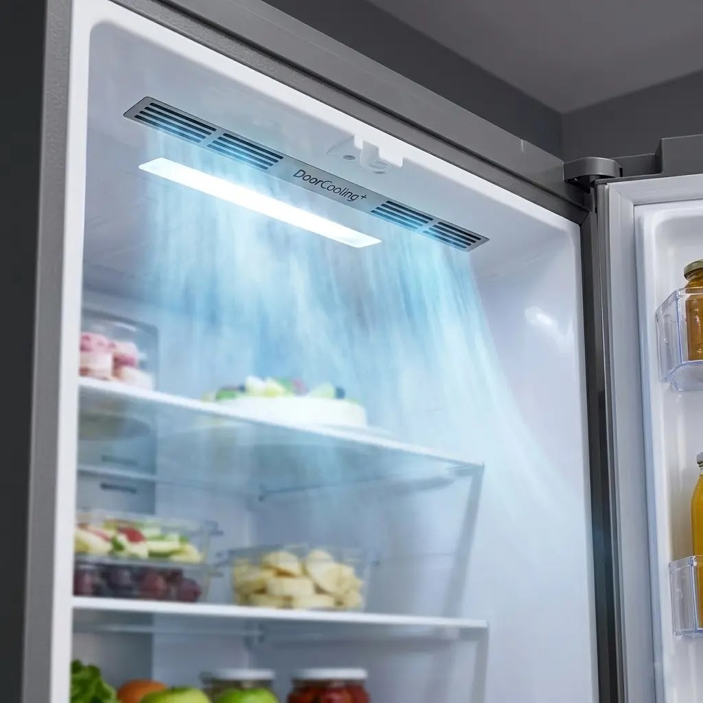 LG DoorCooling plus vent blowing cold air curtain for fast temperature recovery.