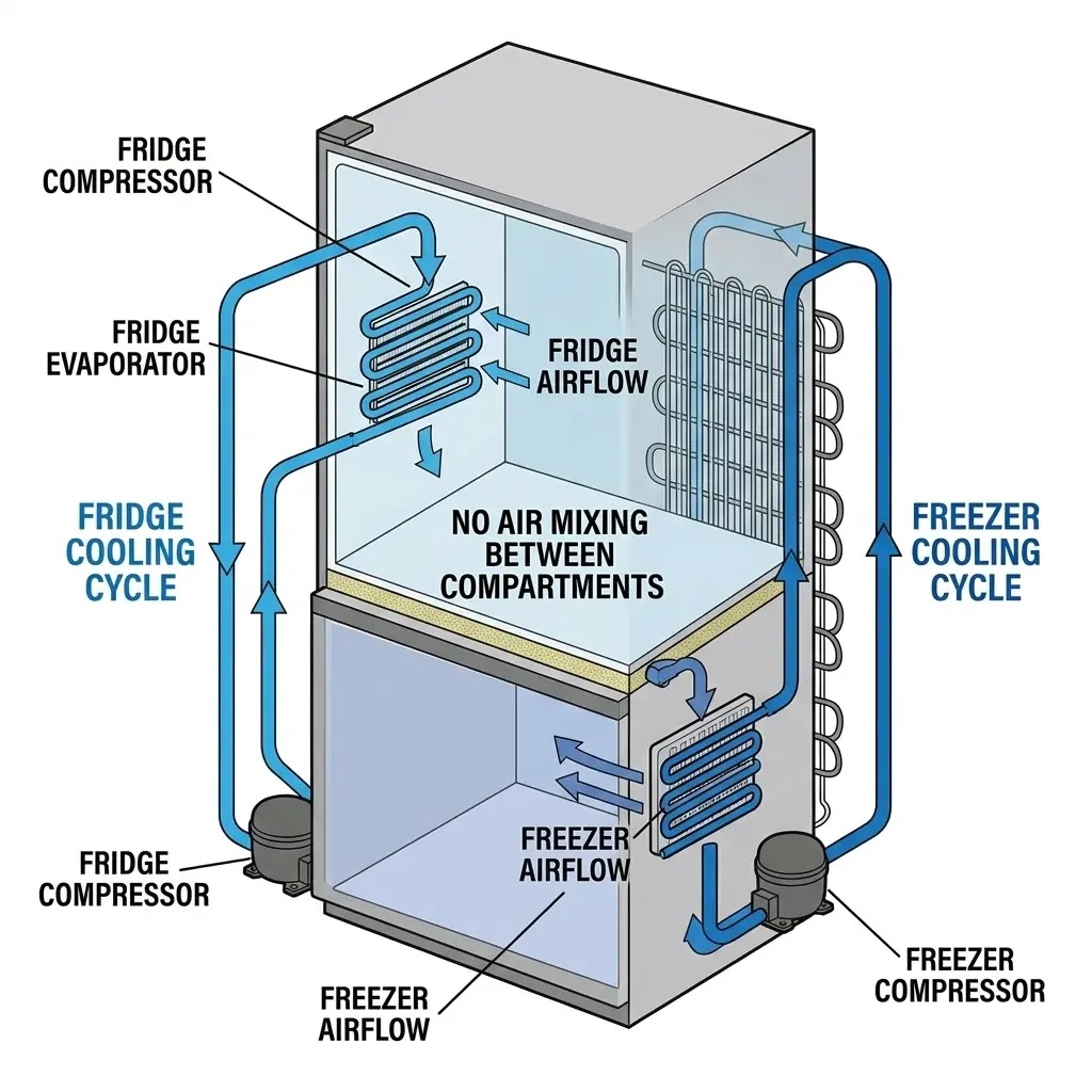 LG dual evaporator system showing separate airflow for fridge and freezer.