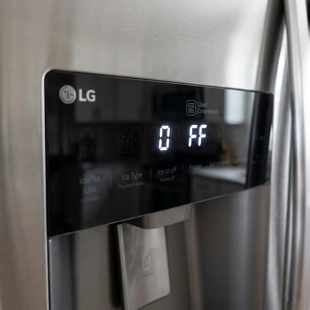LG refrigerator display showing O FF indicating the unit is in Demo or Showroom mode.