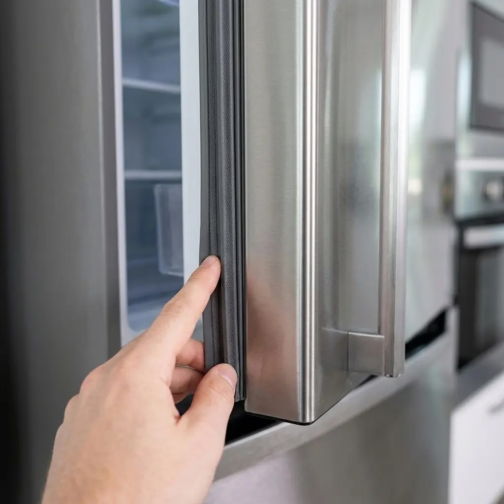 Cleaning and checking the refrigerator door gasket for energy efficiency.