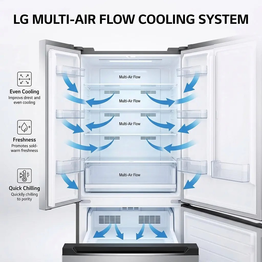 Technical illustration of LG Multi-Air Flow vents and cold air circulation paths inside the cabinet.