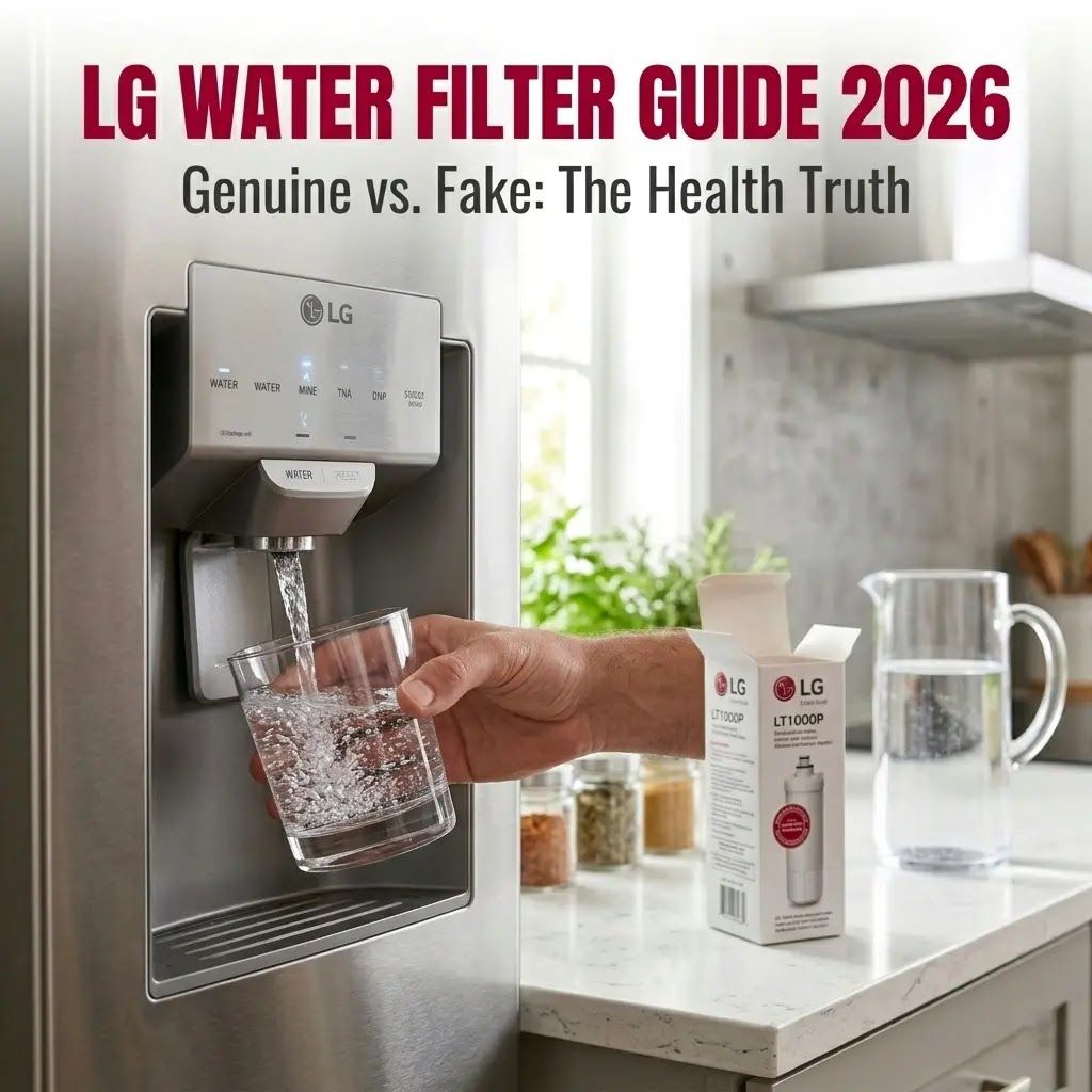 A glass of fresh water being filled from an LG refrigerator with a genuine filter box nearby.