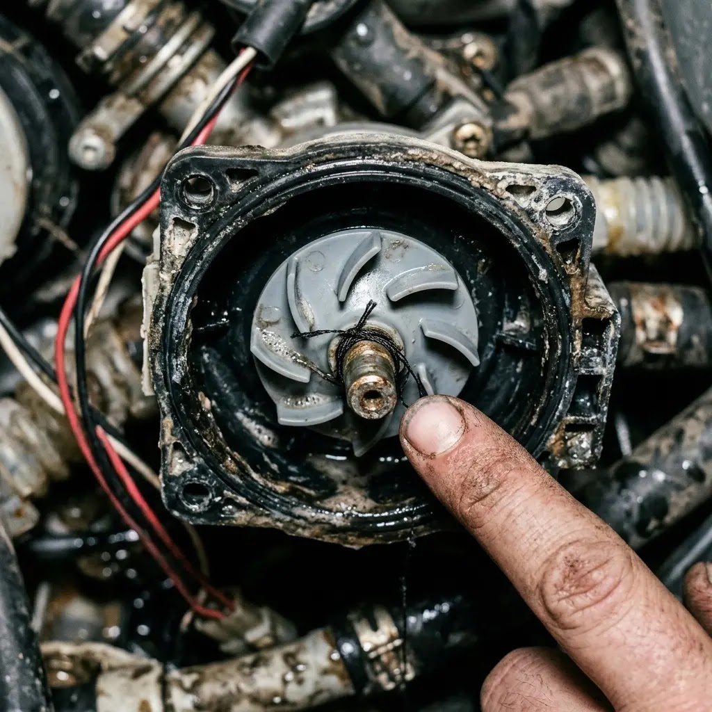 View inside the drain pump housing showing the impeller blades and how to check for clogs or debris.