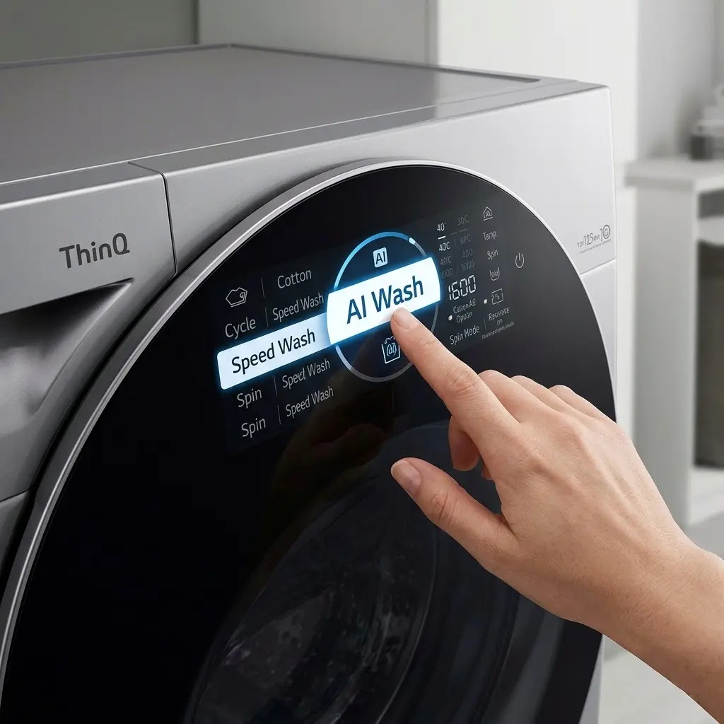 Close-up of LG ThinQ washing machine digital control panel showing AI Wash mode selection.