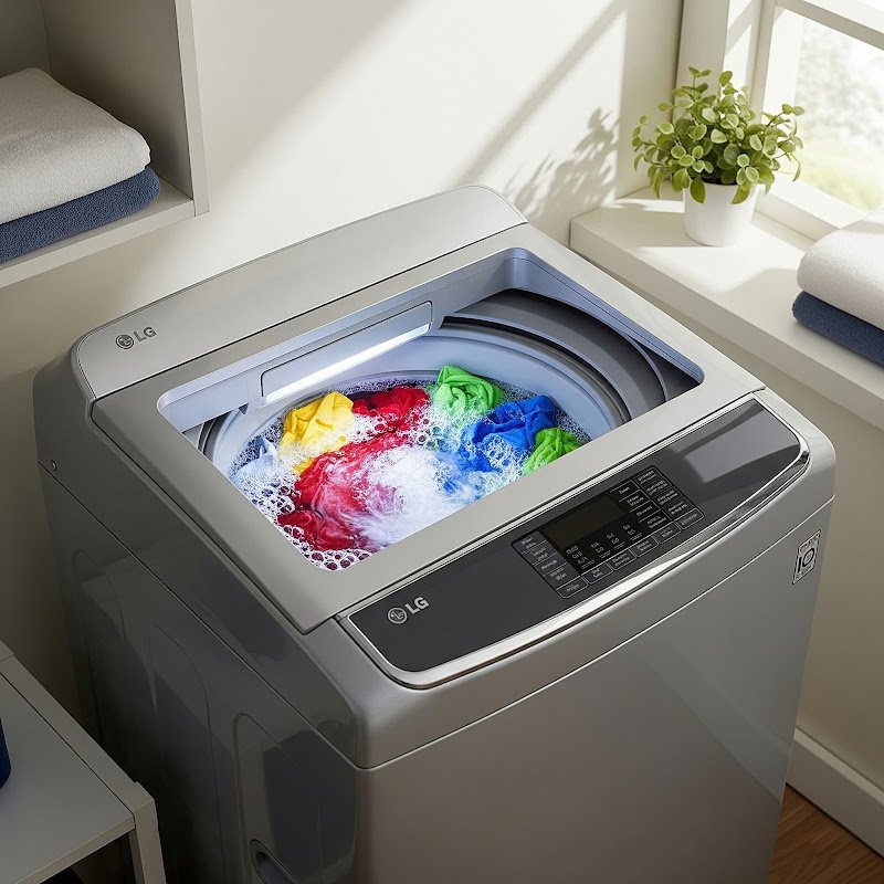 LG top-load washing machine in action – modern 2025 laundry room