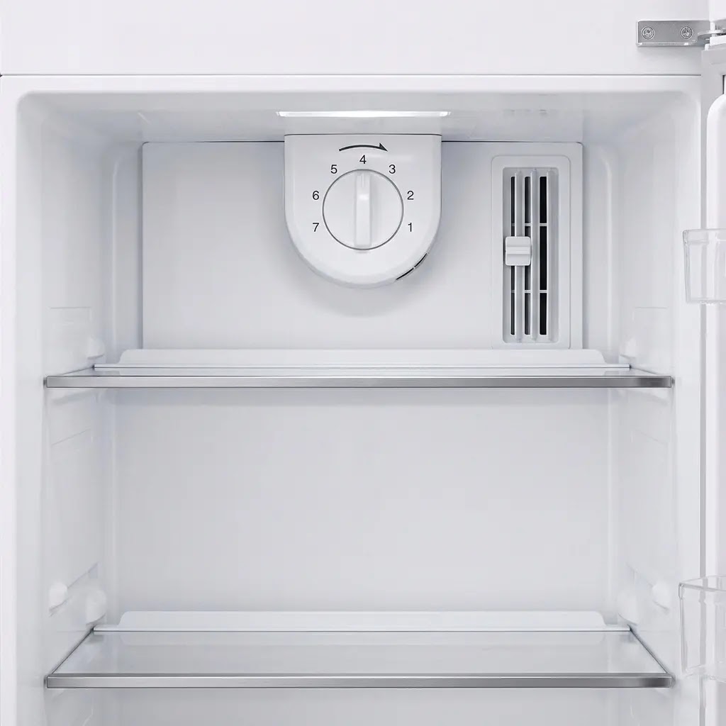 Internal temperature dial and freezer air slider in an LG top-mount refrigerator model.