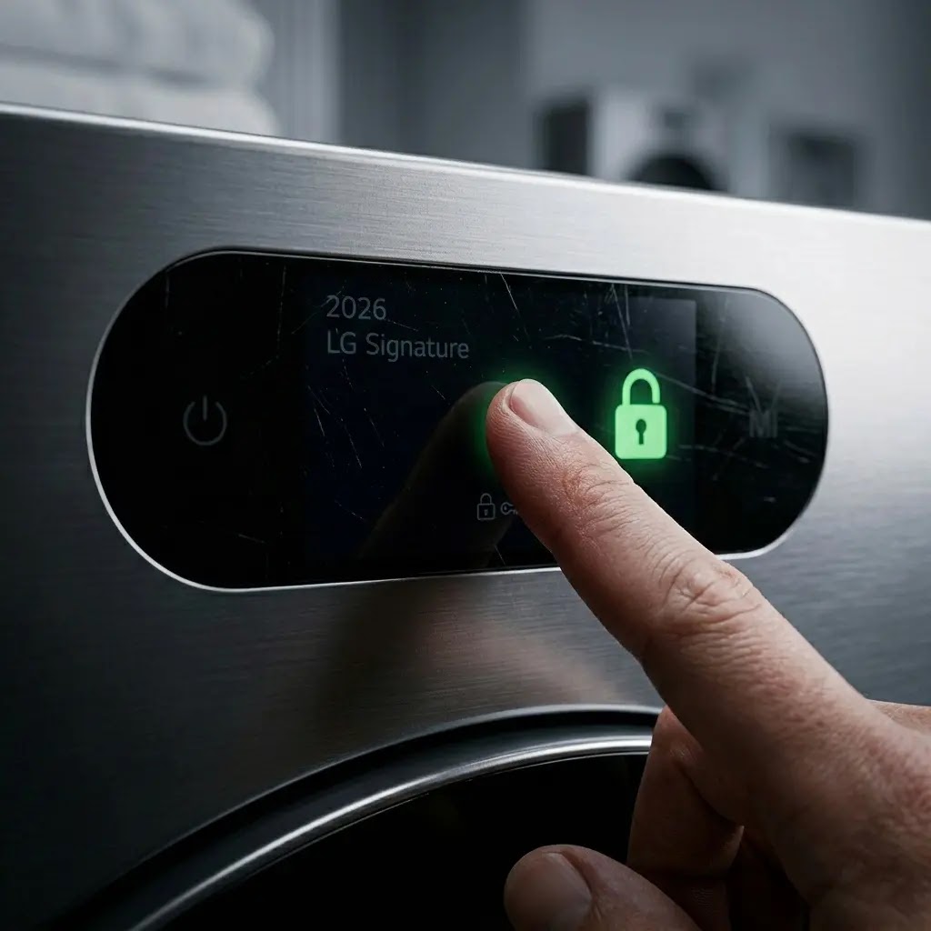 Close-up of a finger holding the child lock button on an LG washer panel to clear CL code.