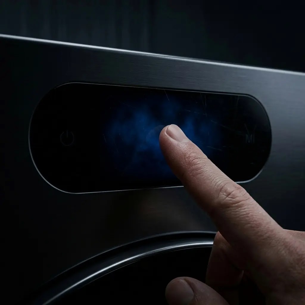 Close-up of a user pressing a blank, non-responsive LG washing machine control panel.