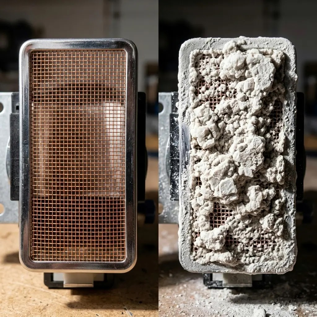 Side-by-side comparison of a clean washer inlet mesh vs. one blocked by hard water scale.