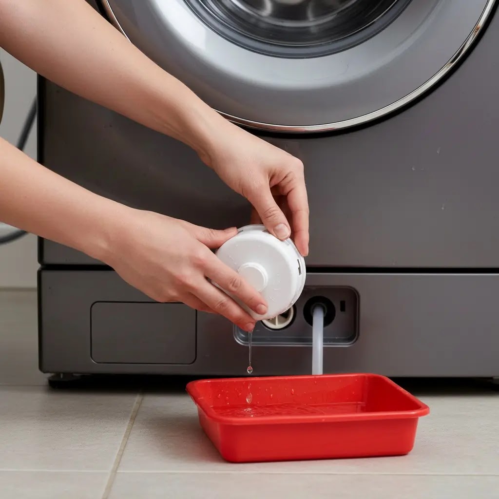 Cleaning LG washing machine drain pump filter to fix OE error code with water tray