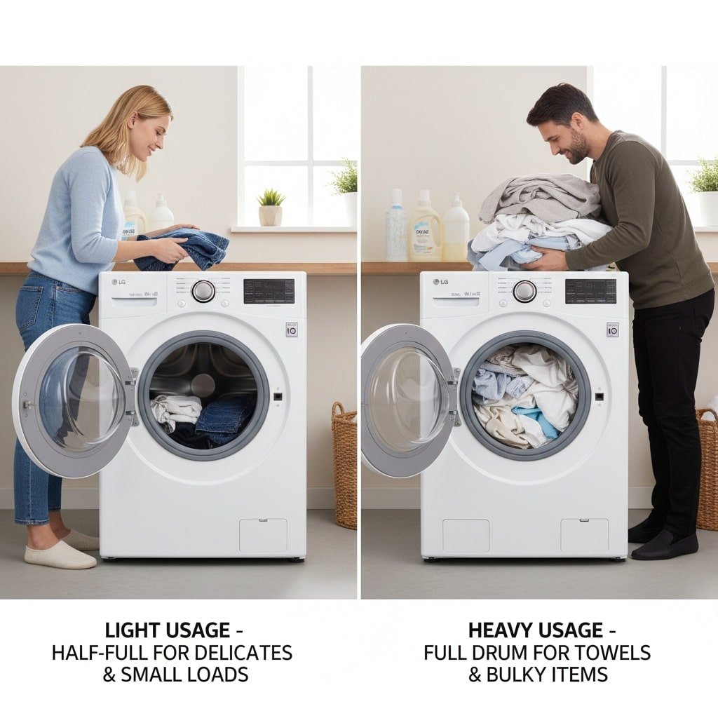 Light vs heavy use on LG washing machine lifespan example.